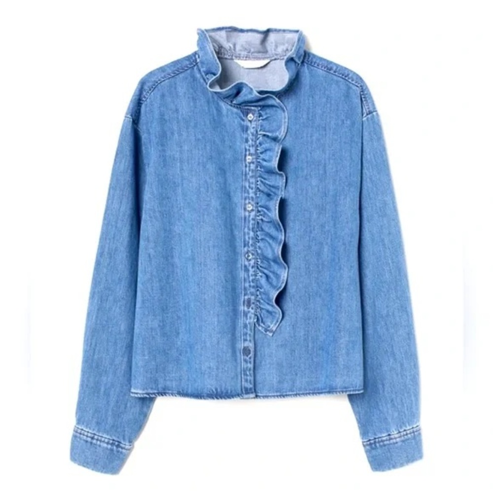 H&M Ruffled Denim Button-Up Shirt